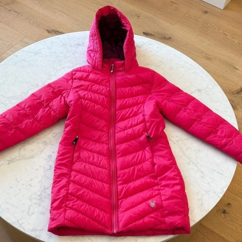 Spyder Girls Pink Puffer Jacket Size 10/12 Hooded Winter Ski Coat